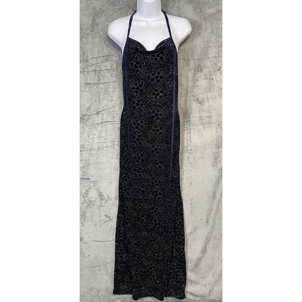 Vintage Jump 7/8 Blue Velvet Beads Maxi Dress Slit Back Y2K Celestial Whimsigoth
